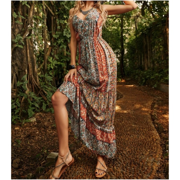 Boho Gypsy Floral Print Tassel Tie Open Back Maxi Dress - Picture 3 of 4